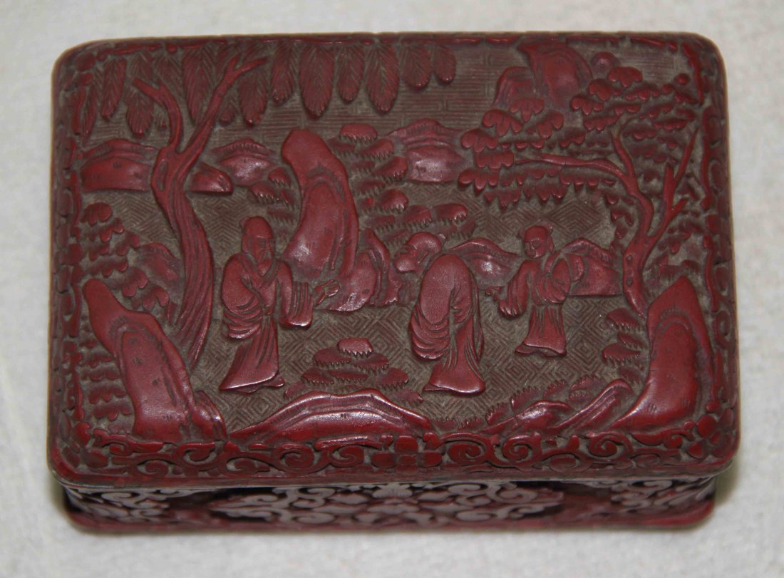Chinese Carved Cinnabar Lacquerware Box: 4.75” X 3” X 2.25”