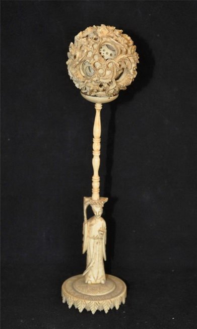 Chinese Carved Ivory Puzzle Ball with Base: H: 9” Ball D: 2.25” NO SHIPPING OUT OF USA.