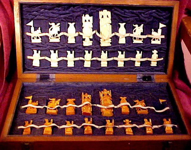 Chinese Carved Ivory Chess Set w. Bo: Box,16” X 8” X 3.5”