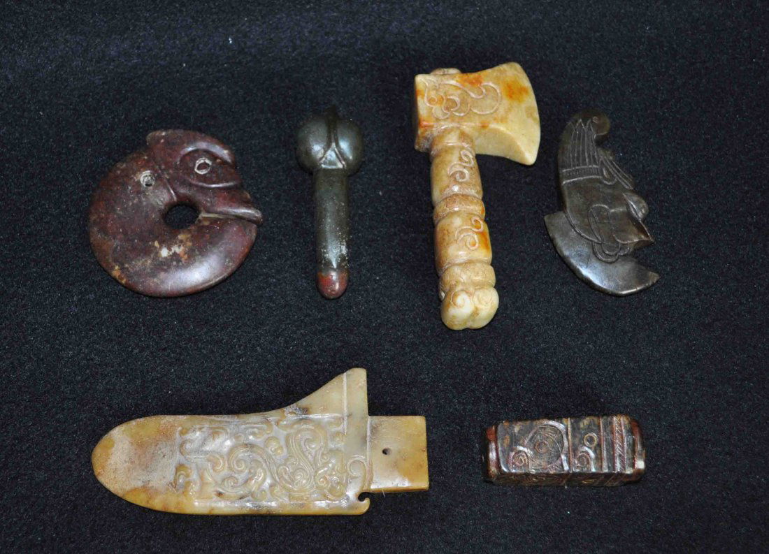 6 Chinese Stone Pieces Set: Measurements: Largest: 4" X 2", All cracks, chips or hairlines, it will be marked on the pictures with an arrow. If there are no arrows, then it means that the item is in good condition. All base, sta