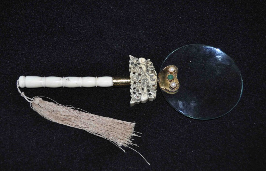 Chinese Magnifier w. Bone Handle: Measurements: 9.5" X 3.5" X 0.5", All base, stand or frame are not included unless it is in the title.