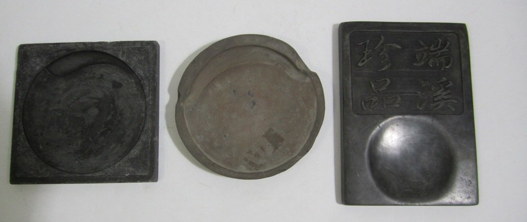3 Chinese Inkstones: Measurements: 7”X5”, 5.5”X 5.5”, and 5.5”D,