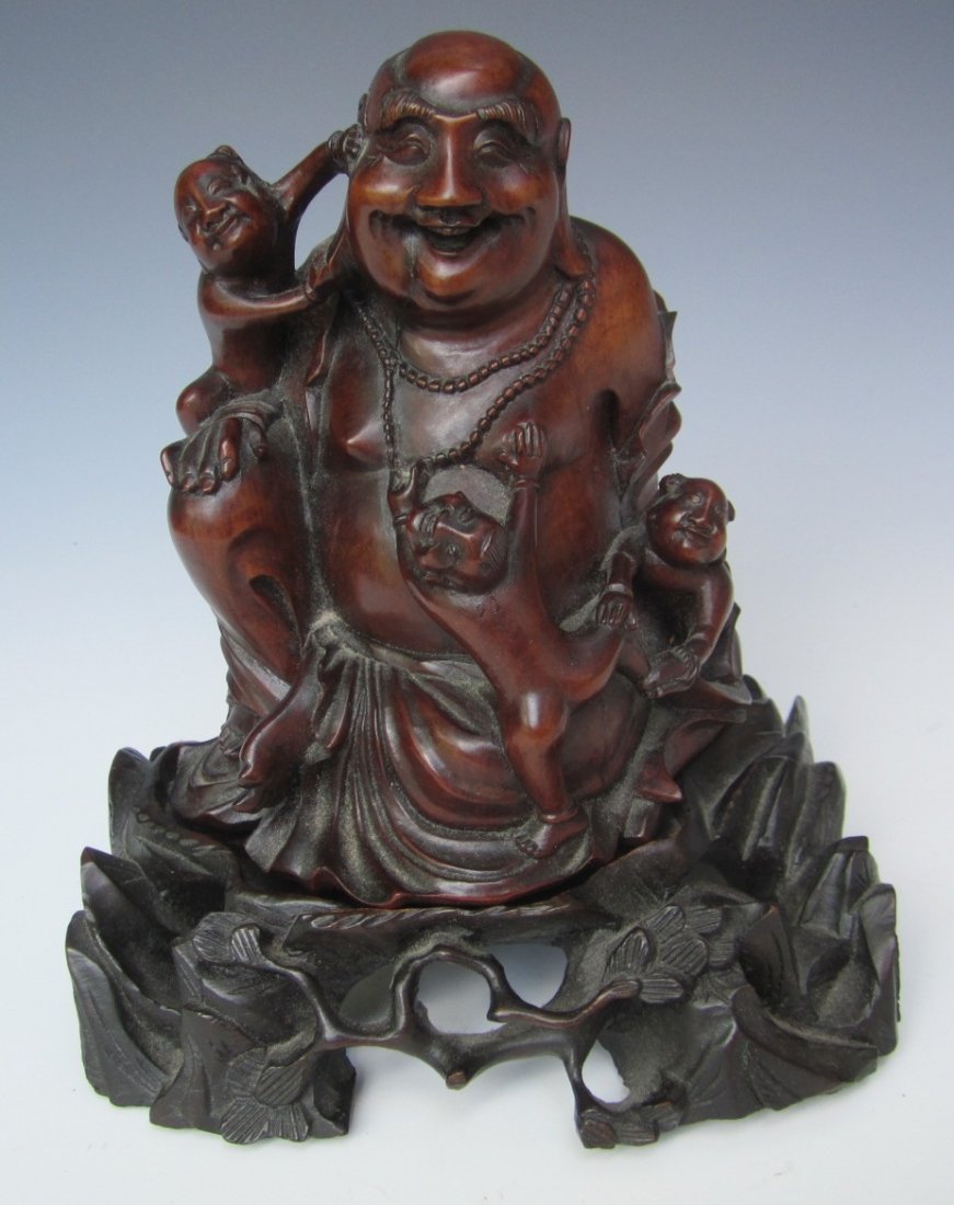 Chinese Carved Ross Wood Buddha W,Bases: Measurements: 7" X 6" X 5".,There are cracks and chips,but no repairs.Please look at the pictures.