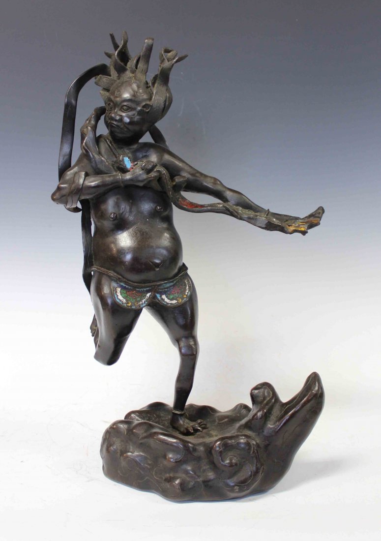Japanese Antique Bronze Statue: Measurements: 19.5" X 11" X 5" Before you have any questions,all cracks/chips/hairlines/or anything at all,it will be marked on the pictures with a arrow.If there are no arrows,then it means that the