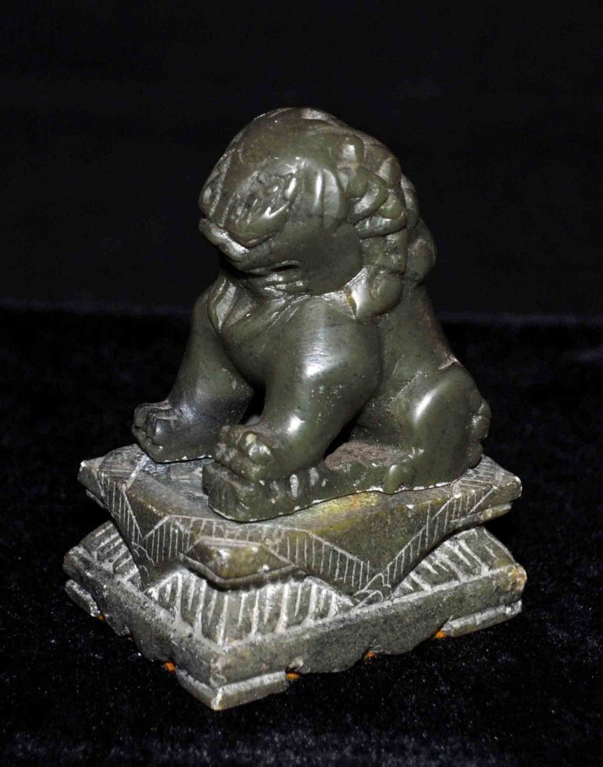 Chinese Carved Jade Foo Dog w. Base: Measurement:3.5” X 1.75” X 2.5”.