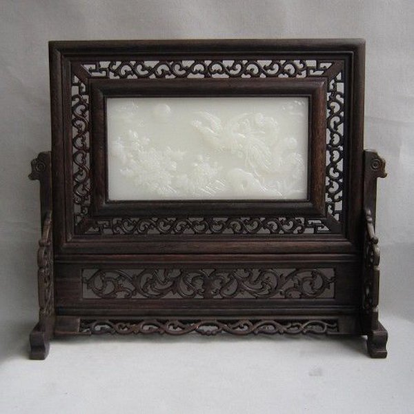 CHINESE WOOD INLAID JADE TABLE SCREEN: Measurements: H: 13.75" X W: 12.5" X D: 4".The jade has been tested by a GEM tester before.We guarantee that the jade is real,not plastic or mixed materials.