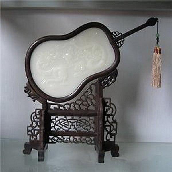CHINESE WOOD INLAID JADE TABLE SCREEN: Measurements: H: 14.25" X W: 13" X D: 4".The jade has been tested by a GEM tester before.We guarantee that the jade is real,not plastic or mixed materials.