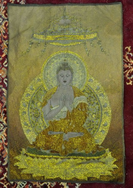 Tibetan Nepal Silk Embroidered Thangka: Measurements: H: 35" X W: 23".