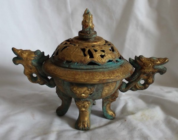 Chinese Bronze Incense Burner: Measurements: H: 6" X W: 9" X D: 5.5".