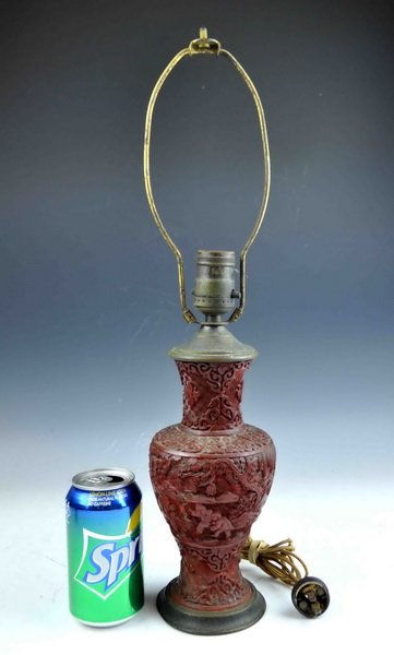 Antique Chinese Carved Cinnabar Vase Made Table Lamp: Measurements: H: 9",D: 5",(Vase).