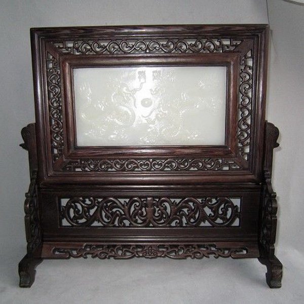 CHINESE WOOD INLAID JADE TABLE SCREEN: Measurements: H: 13.75" X W: 12.5" X D: 4".The jade has been tested by a GEM tester before.We guarantee that the jade is real,not plastic or mixed materials.