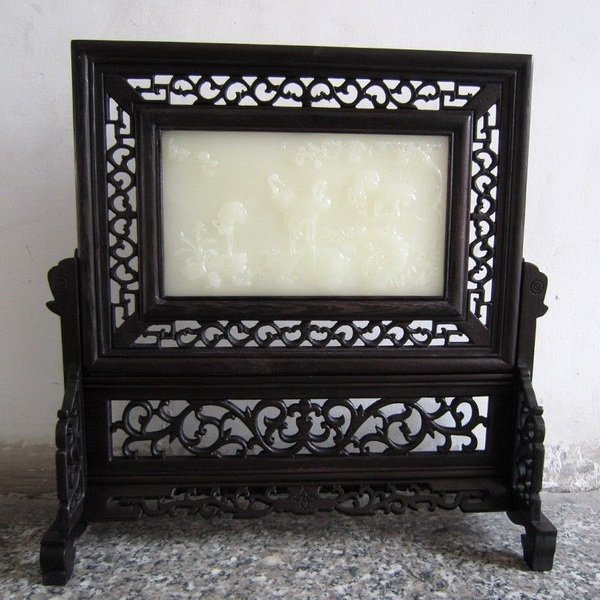 CHINESE WOOD INLAID JADE TABLE SCREEN: Measurements: H: 13.75" X W: 12.5" X D: 4".The jade has been tested by a GEM tester before.We guarantee that the jade is real,not plastic or mixed materials.