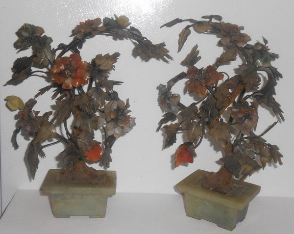 PAIR OF CHINESE HAND CARVED JADE BONSAI TREES: Measurements: H: 10.75" X W: 10" X D: 6".Each.The jade has been tested by a GEM tester before.We guarantee that the jade is real,not plastic or mixed materials.