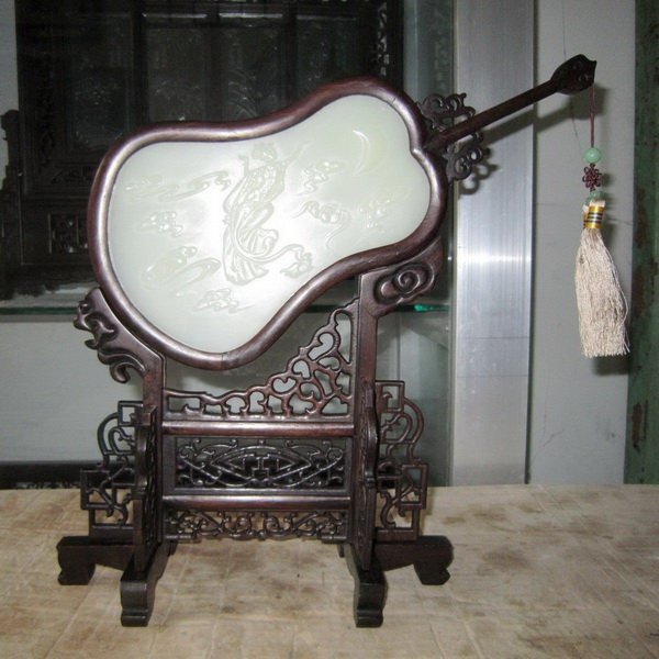 Chinese Carved Wood Inlaid White Jade Table Screen: Measurements: H: 14" X W: 14" X 5".The jade has been tested by a GEM tester before.We guarantee that the jade is real,not plastic or mixed materials.