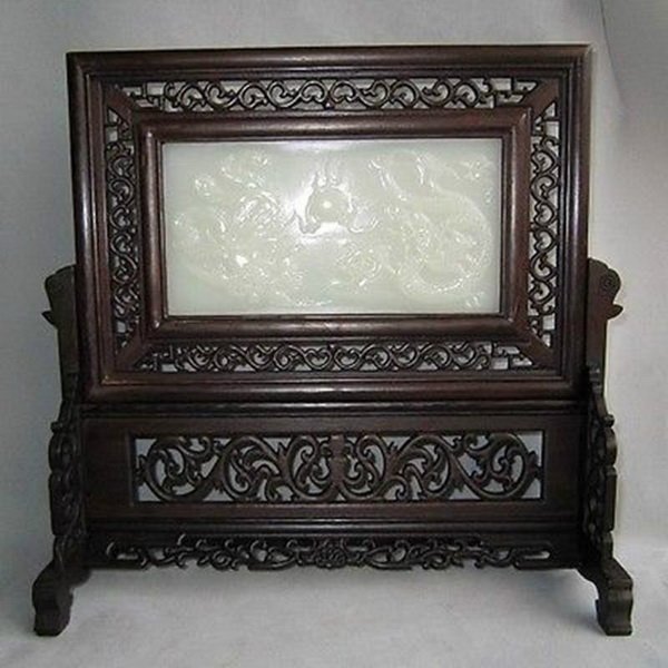 CHINESE WOOD INLAID JADE TABLE SCREEN: Measurements: H: 13.75" X W: 12.5" X D: 5".The jade has been tested by a GEM tester before.We guarantee that the jade is real,not plastic or mixed materials.