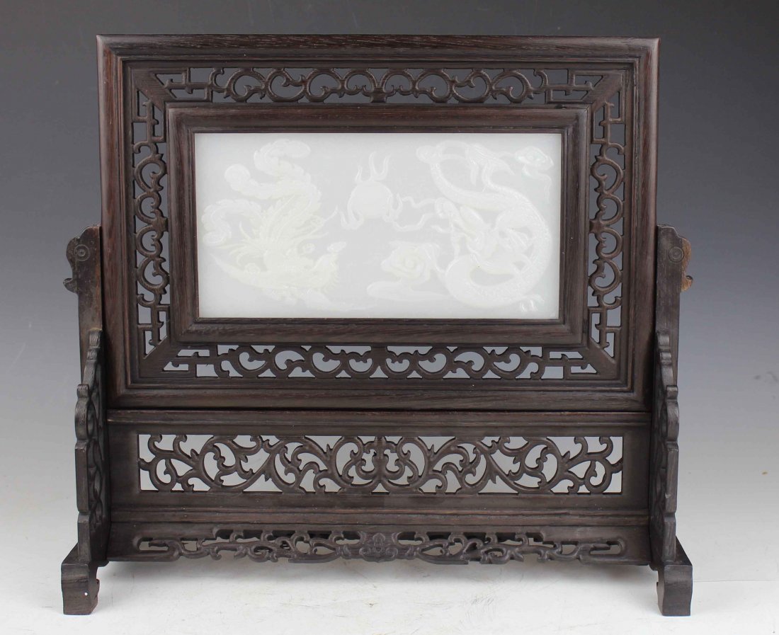 Chinese Carved Wood Inlaid White Jade Table Screen: Measurements: H: 12.5" X W: 14" X D: 4.75".The jade has been tested by a GEM tester before.We guarantee that the jade is real,not plastic or mixed materials.