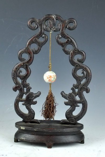 Chinese Carved Wooden Table Screen w,Porcelain Ball: Measurements: H: 10" X W: 6.5" X D: 3".