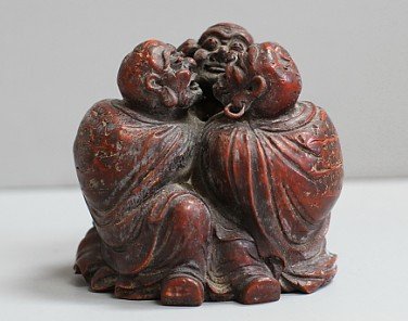 Chinese Carved Bamboo Statue Of 3 Buddhists: Measurements: H: 4.5" X D: 4.5".