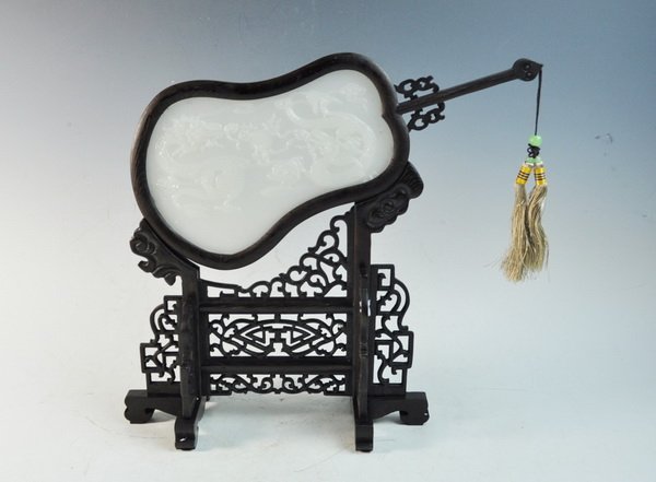 Chinese Carved Wood Inlaid White Jade Table Screen: Measurements: H: 14" X W: 14" X 5".The jade has been tested by a GEM tester before.We guarantee that the jade is real,not plastic or mixed materials.