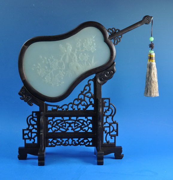 Chinese Carved Wood Inlaid White Jade Table Screen: Measurements: H: 14" X W: 14" X D: 5".The jade has been tested by a GEM tester before.We guarantee that the jade is real,not plastic or mixed materials.