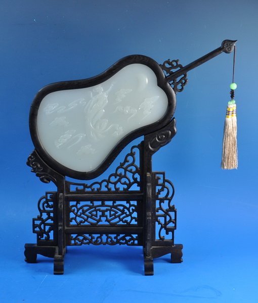 Chinese Carved Wood Inlaid White Jade Table Screen: Measurements: H: 14" X W: 14" X D: 5".The jade has been tested by a GEM tester before.We guarantee that the jade is real,not plastic or mixed materials.