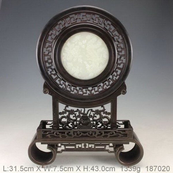 Chinese Carved Wood Inlaid White Jade Table Screen: Measurements: H: 17" X W: 13" X D: 3.25".The jade has been tested by a GEM tester before.We guarantee that the jade is real,not plastic or mixed materials.