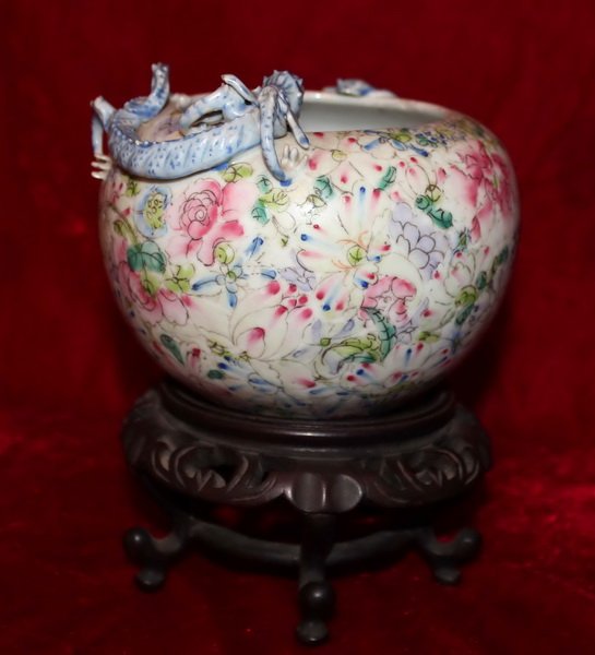 Chinese Antique Porcelain Brush Washer w.Base: Measurements: H: 4" X D: 6".(Without base)