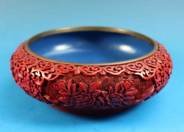 Chinese Carved Cinnabar Brush Washer: Measurements: H: 2.5" X D: 8".