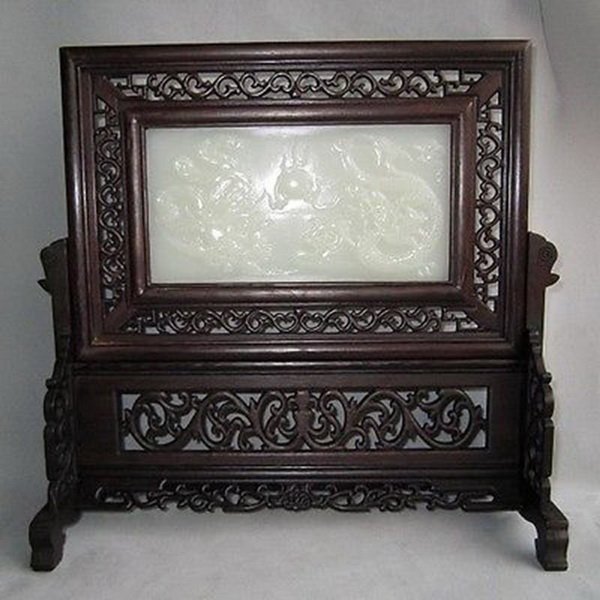 Chinese Carved Wood Inlaid White Jade Table Screen: Measurements: H: 13.75" X W: 12.5" X 5".The jade has been tested by a GEM tester before.We guarantee that the jade is real,not plastic or mixed materials.