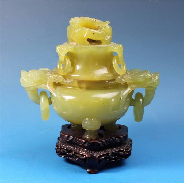Chinese Carved Jade Incense Burner w.Base: Measurements: H: 6.5" W: 6" D: 4". Including base.