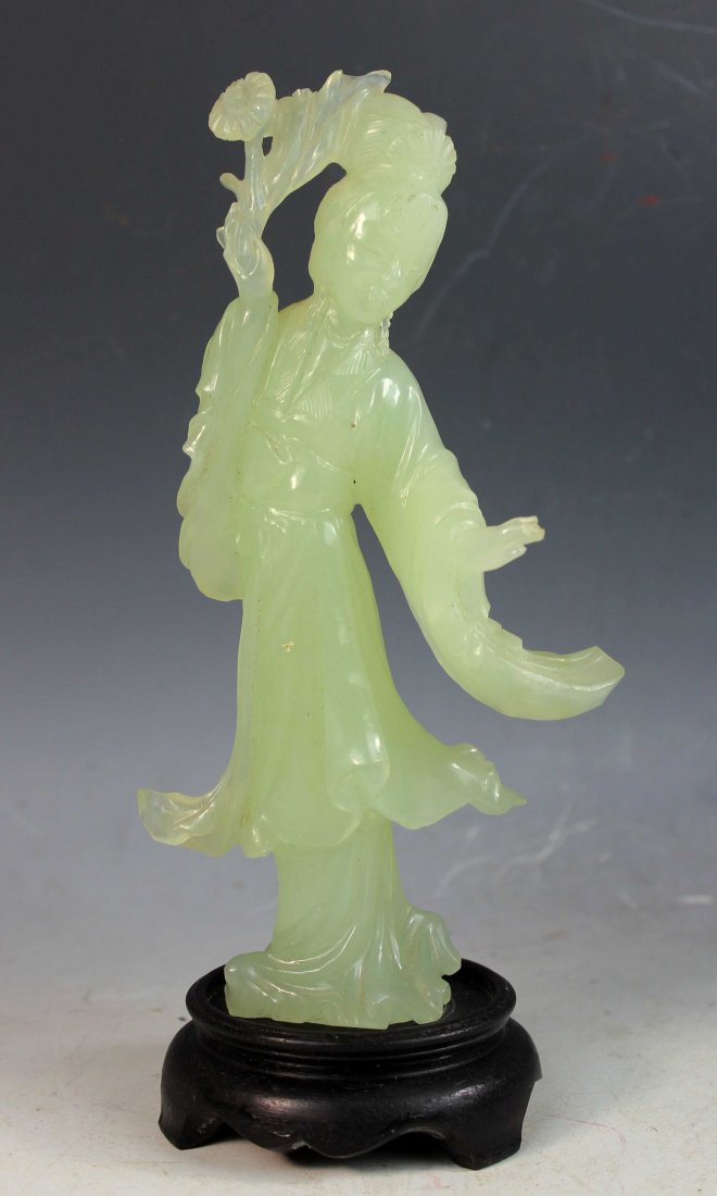 Chinese Carved Green Jade Statue of Lady w/Wood Stand