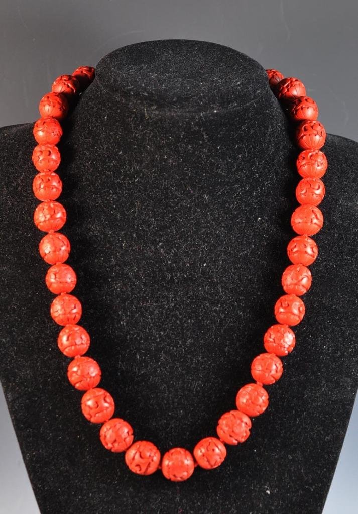 Chinese Carved Cinnabar Bead Necklace (1 of 10)
