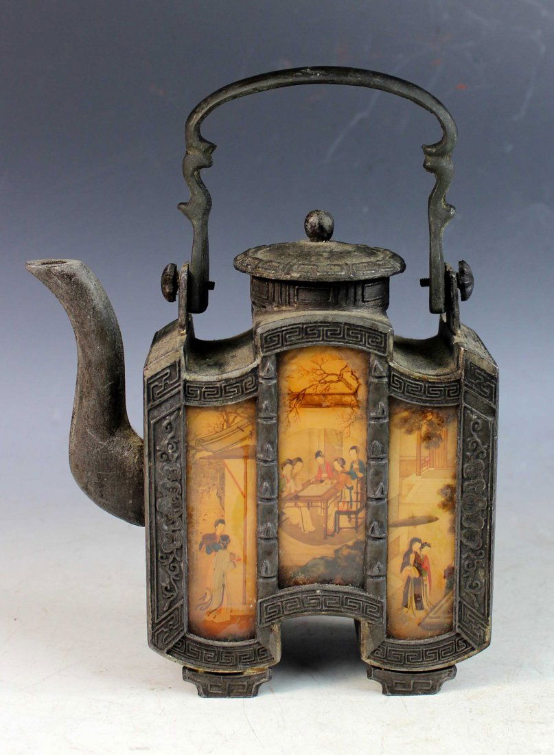 Chinese Hand Painted Glass on a Tin Tea Pot (1 of 10)