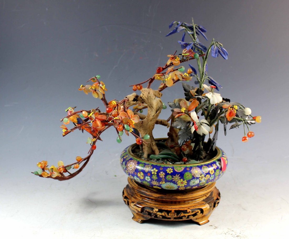 Chinese Jade Tree With Cloisonne Pot and Wooden Stand (1 of 7)