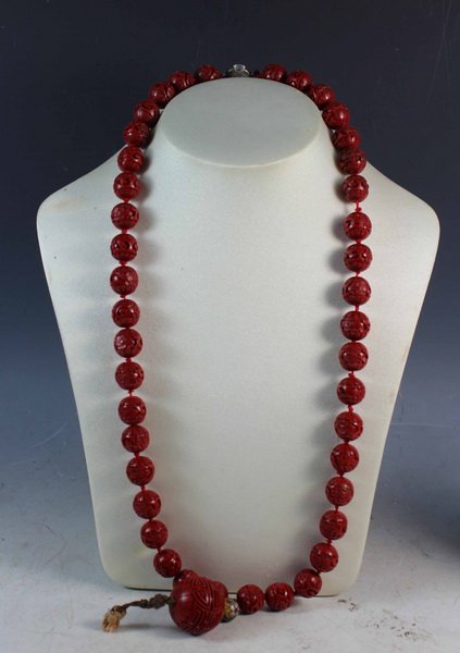 Chinese Carved Cinnabar Beads Necklace (1 of 6)