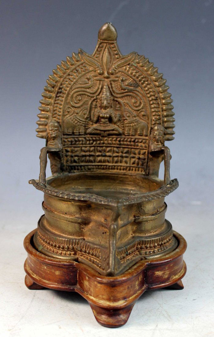 Chinese Tibet Copper Oil Lamp w/Wood Stand (1 of 9)