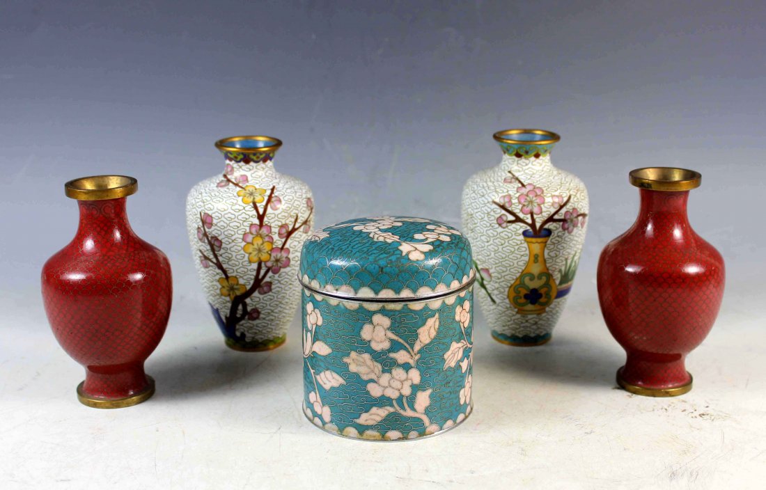 Group Of Five Chinese Cloisonne Vases & Tea-Caddy (1 of 10)