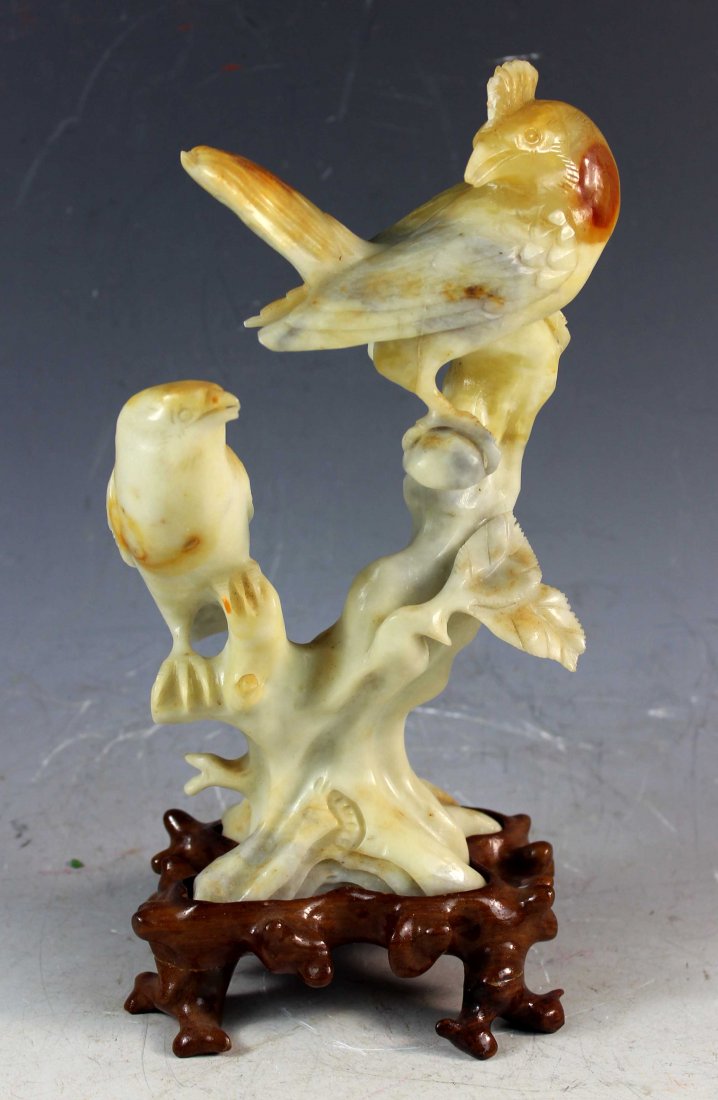 Chinese Carved Jade Statue of Birds w/Wood Stand (1 of 9)