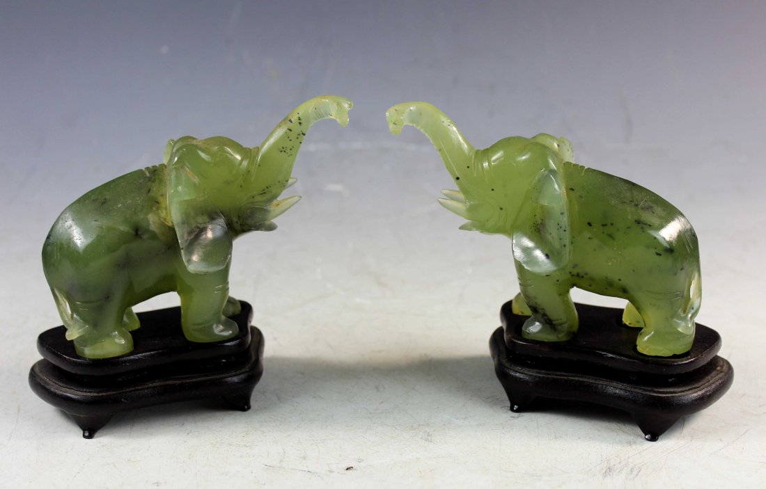 Pair of Chinese Carved Jade Elephants w/Wood (1 of 6)