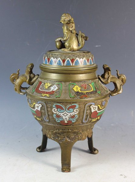 10 1/4" Vintage Bronze Cloisonne Incense Burner: 10 1/4" Vintage Bronze Cloisonne Incense Burner, H:10.25", L:6", W:4"