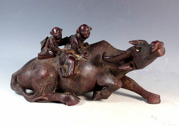 12" Large Chinese Carved Wood Buffalo And Boys (1 of 7)
