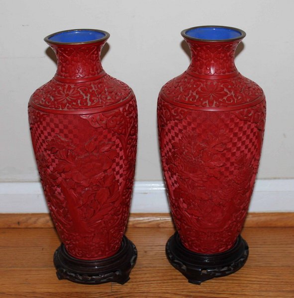 Pair of Carved Cinnabar Vases w.Wood Stand (1 of 10)