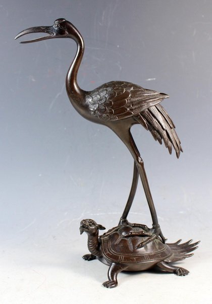 Chinese Vintage Bronze Statue - Crane on Turtle (1 of 10)