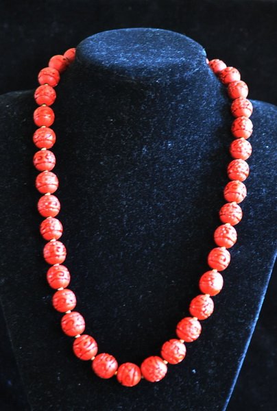 Chinese Carved Cinnabar Beads Necklace (1 of 5)