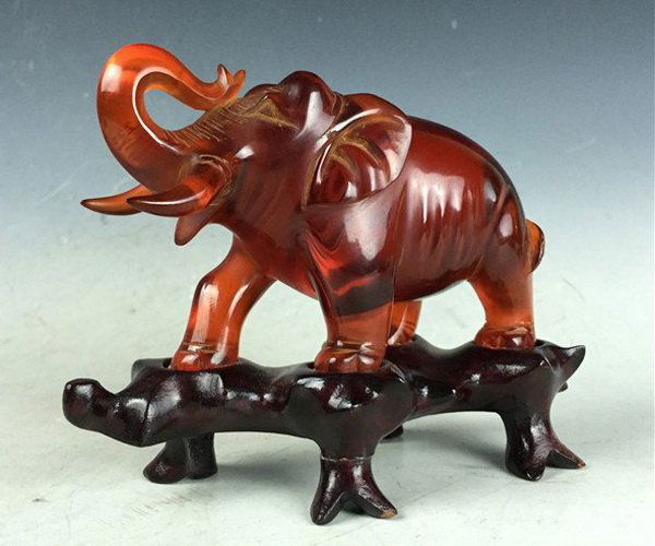 Chinese Carved Natural Amber Elephant w Wood Stand (1 of 2)