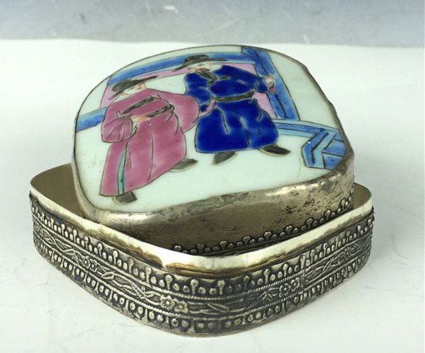 Vintage Silver Porcelain Trinket Box- two men (1 of 2)