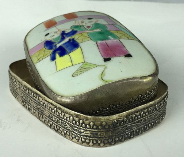 Vintage Silver Porcelain Trinket Box- two boys (1 of 2)