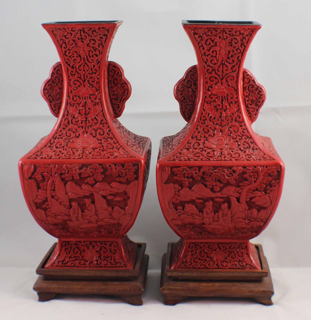 Pair Of Chinese Carved Cinnabar Vases (1 of 10)