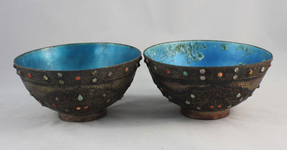 Pair Of Chinese Silver Inlaid GEM Bowls (1 of 8)