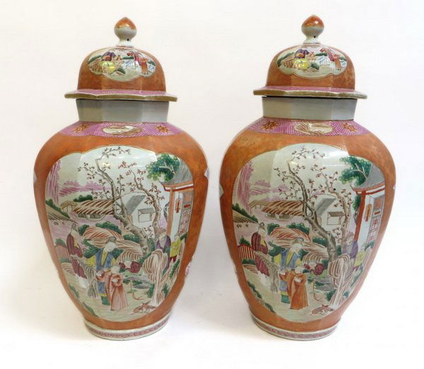 PAIR LARGE CHINESE EXPORT ROSE MEDALLION LIDDED VASES (1 of 10)